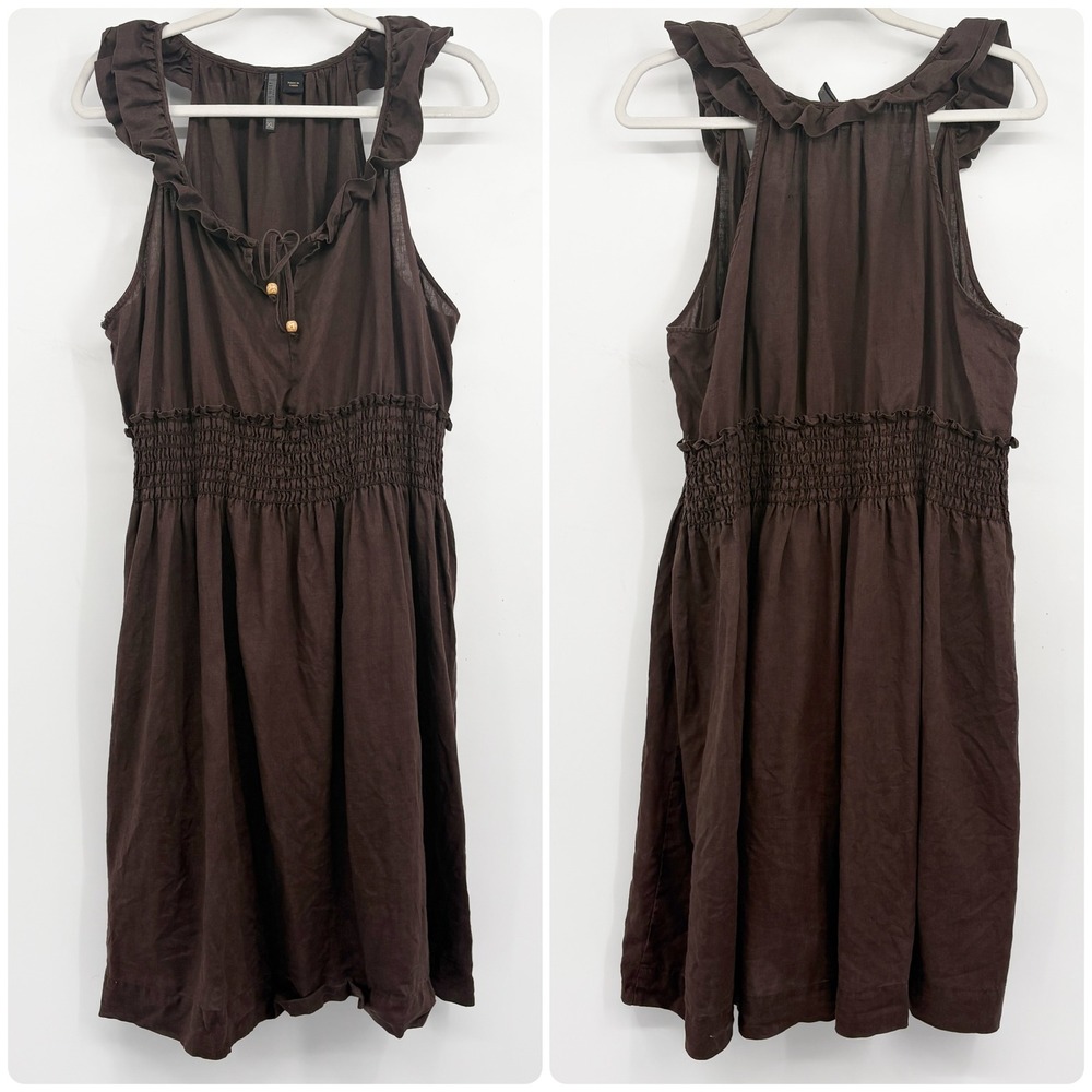 Nine West Womens Brown 100% Linen Ruffle Smocked‎ Boho Cottagecore Dress Size XL